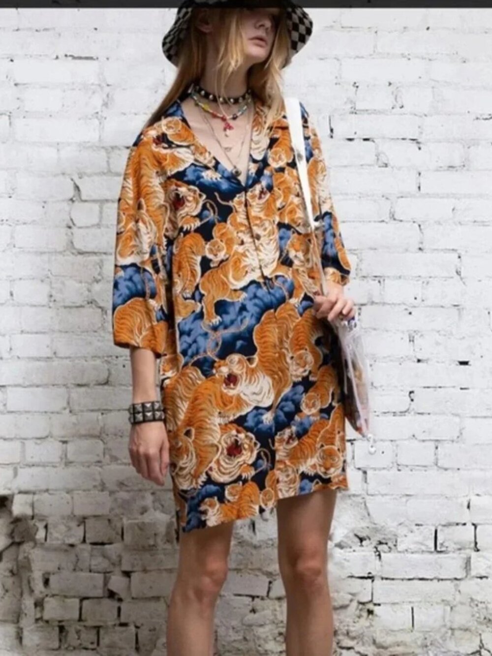 R13 Hawaiian Tiger Romper Luxe Japanese Rayon Crepe Oversized Orange Tiger XS